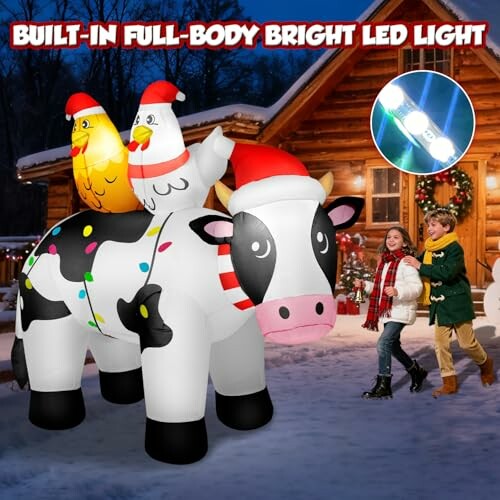 Inflatable Christmas cow with chicken, LED-lit, kids nearby.