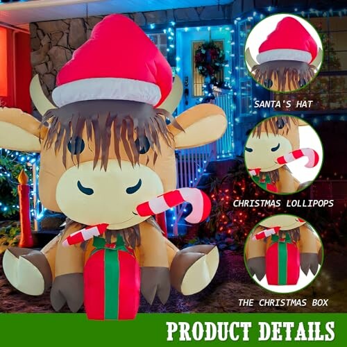 Inflatable cow with Santa hat and Christmas lollipop.