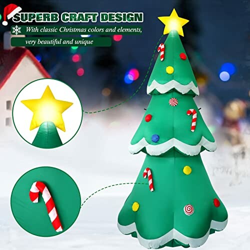 Inflatable Christmas tree with star and candy cane decorations.