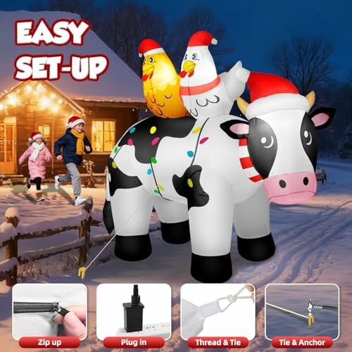 Inflatable cow with holiday lights and chickens, easy setup with zip, plug, and tie options.