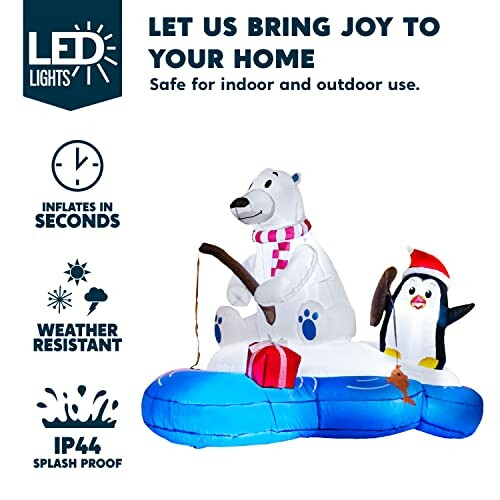 Inflatable polar bear and penguin decoration with LED lights, weather resistant.