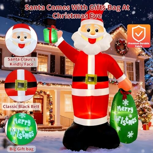 Inflatable Santa Claus with gift bag in front of decorated house.