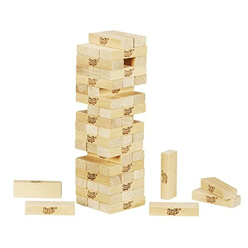 Jenga blocks stacked in a tower with some blocks removed.