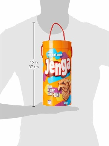 Jenga game package with carrying handle.