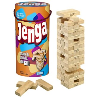 Jenga game set with box and stacked blocks.