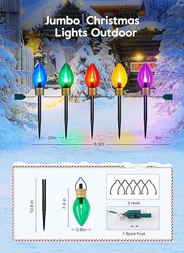 Jumbo outdoor Christmas lights with dimensions and components.