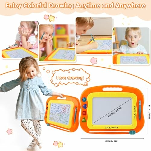 Children using a colorful drawing board with a smiling girl holding it.