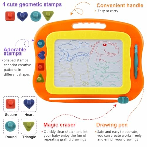 Colorful kids drawing board with geometric stamps and magic eraser.