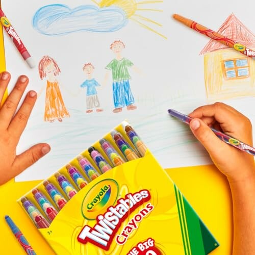 Child drawing with Crayola Twistables crayons and a family sketch.