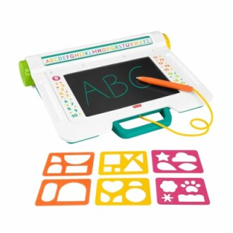 Children's magnetic drawing board with stencils and alphabet.