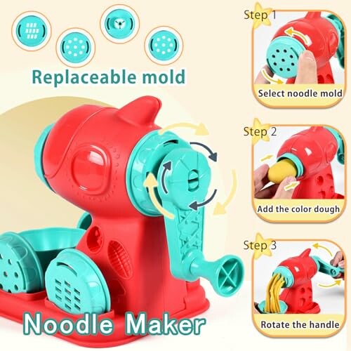 Children's noodle maker toy with replaceable molds and step-by-step instructions.