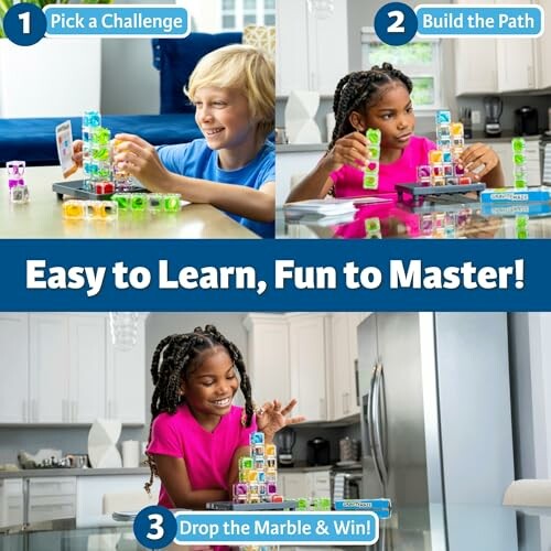 Children playing a marble puzzle game with steps: Pick a Challenge, Build the Path, Drop the Marble and Win.