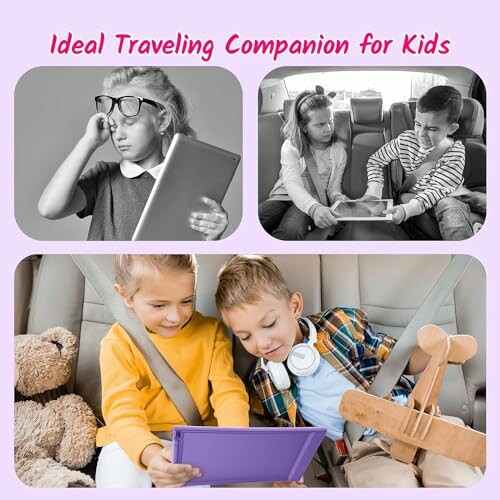 Children using tablets and gadgets during travel. Perfect for kids to learn and have fun on the go!