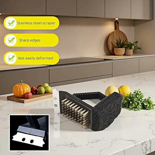Cleaning brush with scraper on a kitchen countertop.