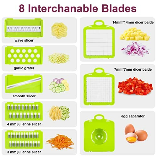 Set of 8 interchangeable kitchen slicer blades with various cutting options including dicer, slicer, grater, and egg separator.