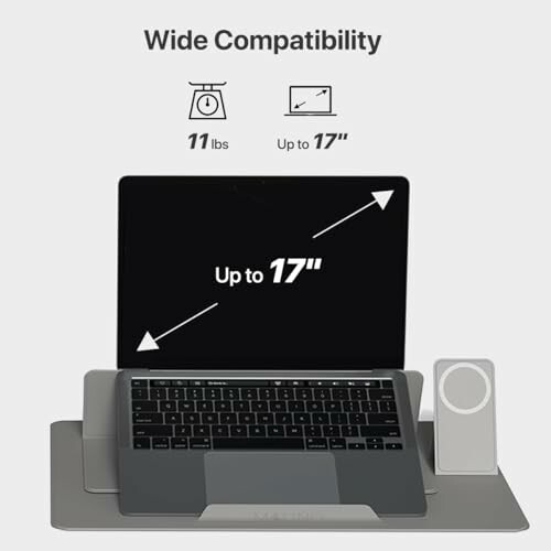 Laptop stand displaying wide compatibility for devices up to 17 inches and 11 pounds.
