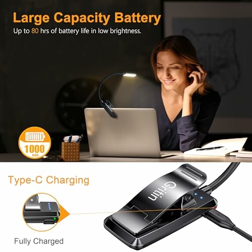 Woman using a laptop with a clip-on light, featuring large capacity battery and Type-C charging.