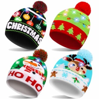 Four LED light-up Christmas beanies with festive designs.