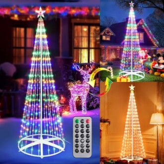 LED Christmas tree lights with remote control and outdoor decorations.