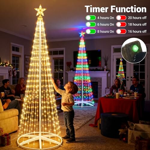 Child reaching for LED Christmas tree lights with timer function.