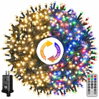 LED fairy lights with remote and adapter, featuring warm white and multicolor options.