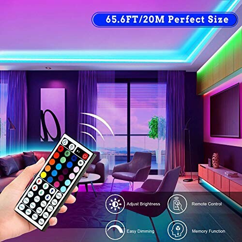 Remote control for LED light strips in a modern living room setting.