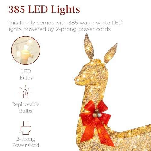 Decorative reindeer with 385 warm white LED lights and red bow.