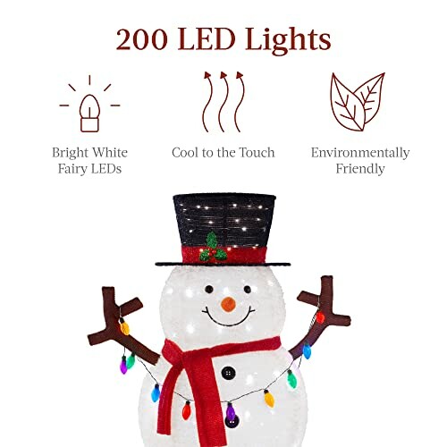 Snowman with LED lights, top hat, and scarf