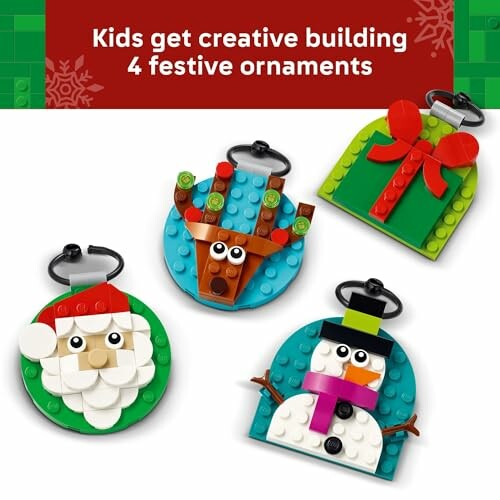 Four LEGO festive ornaments including Santa, snowman, reindeer, and gift box.