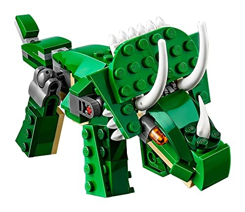 Green LEGO dinosaur toy with horns and blocky design.