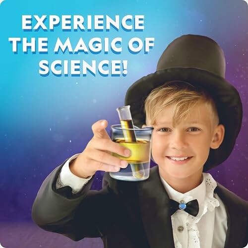 Child dressed as magician holding a science experiment