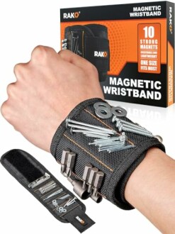 Magnetic wristband holding screws and nails with packaging.