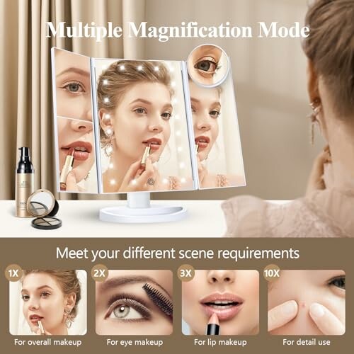 Makeup mirror with multiple magnification modes for detailed application.
