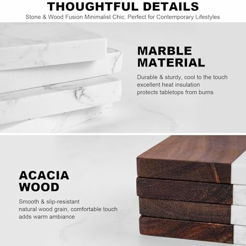 Marble and acacia wood materials for tabletops, highlighting durability and style.