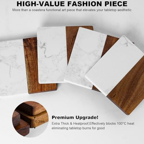 Marble and wood coasters with premium upgrade feature.