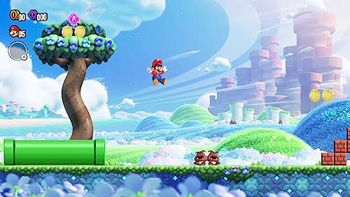 Mario jumping over Goombas in a colorful landscape, showcasing the game's vibrant graphics and engaging gameplay