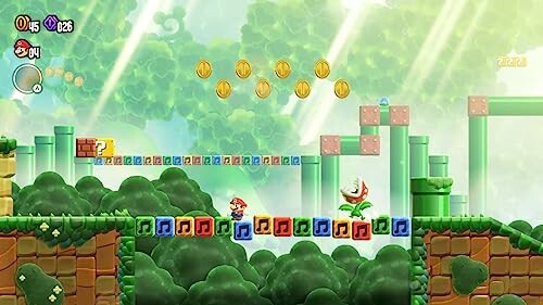 Mario character jumping over colorful blocks and coins in a lush game level, highlighting the game's beautiful visuals and addictive gameplay