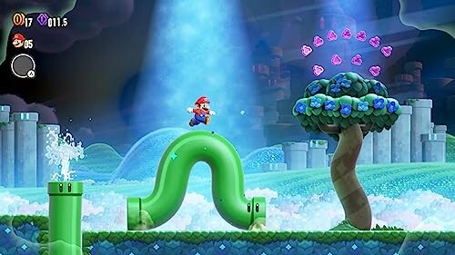 Mario jumping on a pipe in a whimsical platform game world, showcasing the game's charming atmosphere and exciting gameplay