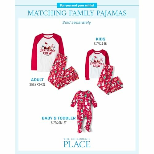 Matching family Christmas pajamas for adults, kids, and baby with festive designs.