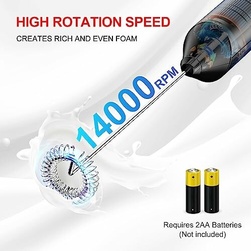 Electric milk frother with 14000 RPM speed, creates rich foam, requires 2 AA batteries.