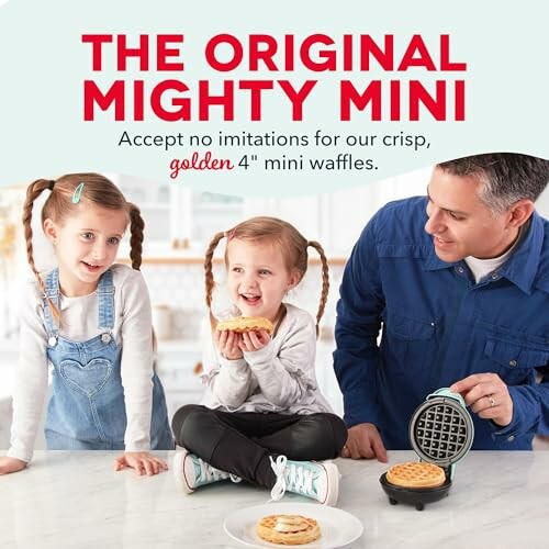 Family enjoying mini waffles with waffle maker.