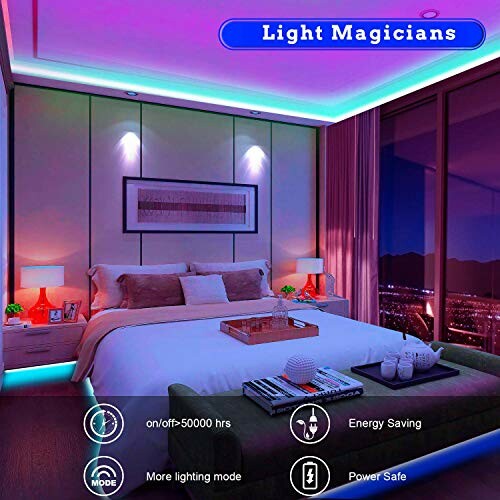 Modern bedroom with LED lighting and city view.