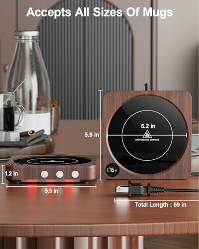 A mug warmer with dimensions and features displayed.