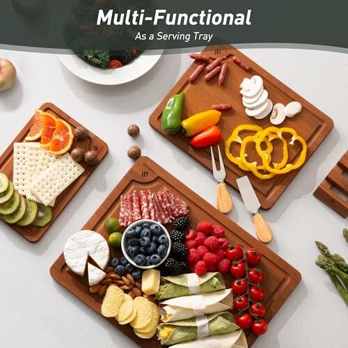 Various food items on wooden serving trays with text 'Multi-Functional As a Serving Tray'.