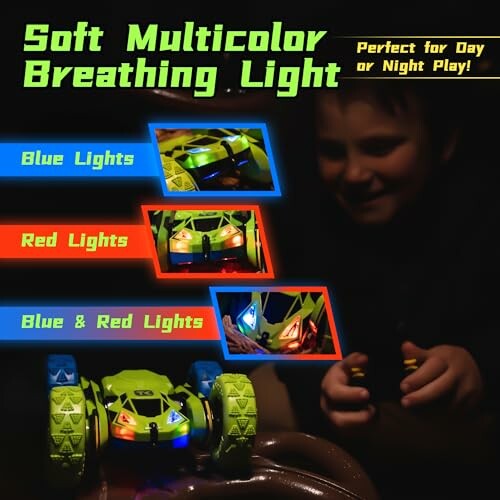 Toy car with multicolor breathing lights and a child playing.