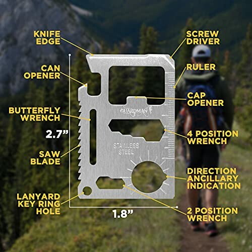 Stainless steel multifunction pocket tool with various features labeled.