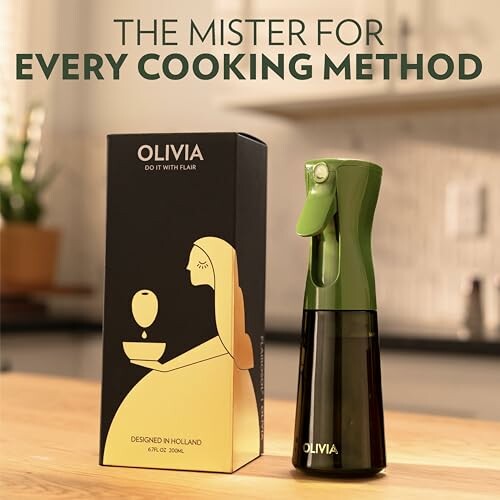 Olivia oil mister spray bottle with packaging on kitchen counter.