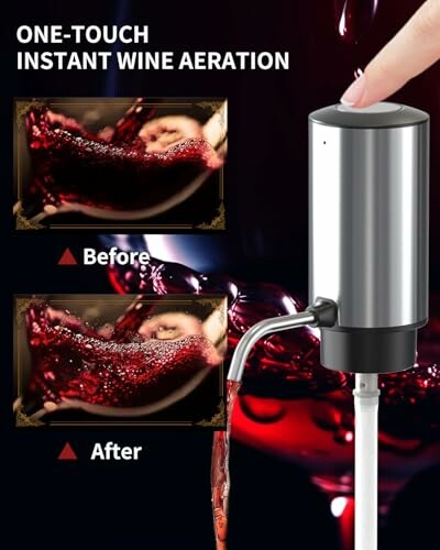 One-touch instant wine aerator with before and after demonstration