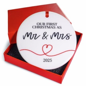 Our First Christmas as Mr & Mrs 2025 ornament in red box.