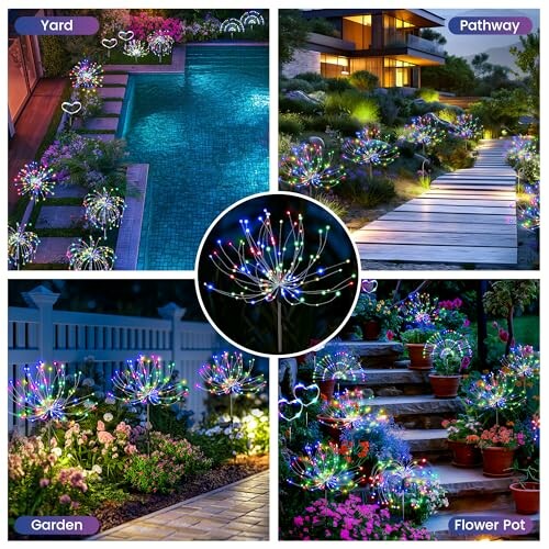 Decorative outdoor solar garden lights in various settings like yard, pathway, garden, and flower pot.